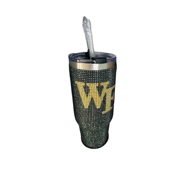 New Wake Forest 46 oz Tumbler WF Bling Colossal Black Rhinestones NCAA Straw NIB - Picture 5 of 13